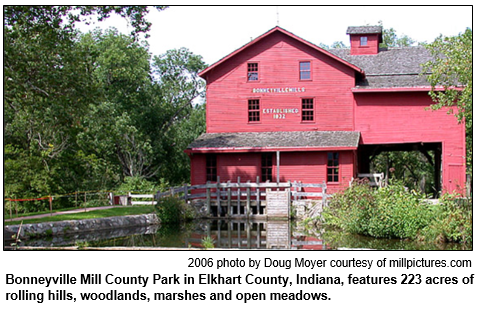 Bonneyville Mill County Park in Elkhart County, Indiana, features 223 acres of rolling hills, woodlands, marshes and open meadows. 2006 photo by Doug Moyer courtesy of millpictures.com.