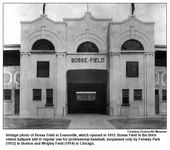 Vintage photo of Bosse Field in Evansville, which opened in 1915. Bosse Field is the third oldest ballpark still in regular use for professional baseball, surpassed only by Fenway Park (1912) in Boston and Wrigley Field (1914) in Chicago.
Courtesy Evansville Museum.