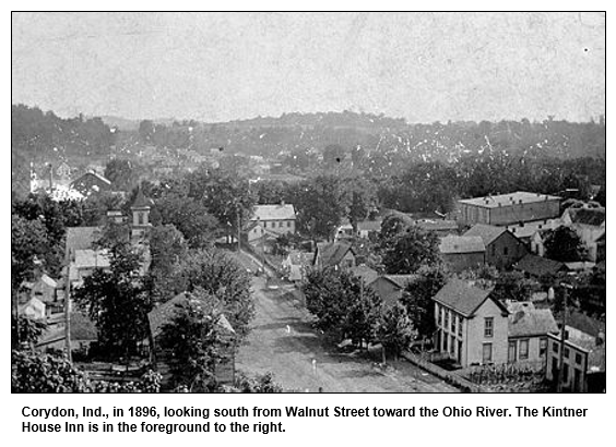 Corydon, Ind., in 1896, looking south from Walnut Street toward the Ohio River. The Kintner House Inn is in the foreground to the right.
