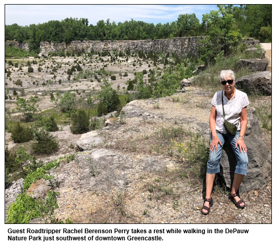 Guest Roadtripper Rachel Berenson Perry takes a rest while walking in the DePauw Nature Park just southwest of downtown Greencastle.
