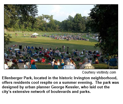 Ellenberger Park, located in the historic Irvington neighborhood, offers residents cool respite on a summer evening.  The park was designed by urban planner George Kessler, who laid out the city’s extensive network of boulevards and parks. 
Courtesy visitindy.com.