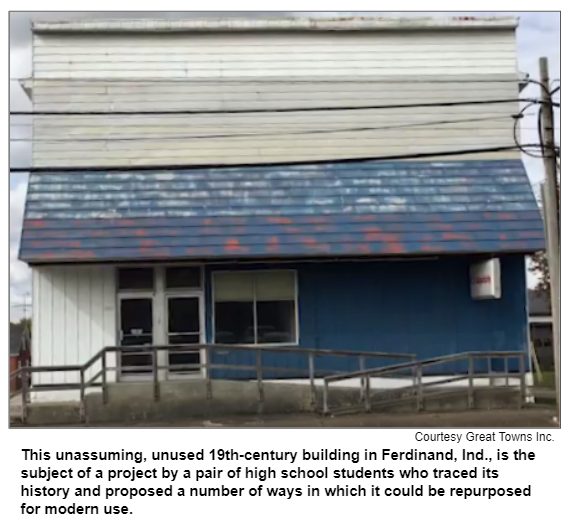 This unassuming, unused 19th-century building in Ferdinand, Ind., is the subject of a project by a pair of high school students who traced its history and proposed a number of ways in which it could be repurposed for modern use.