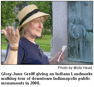Glory-June Greiff giving an Indiana Landmarks walking tour of downtown Indianapolis public monuments in 2008. Photo by Molly Head.