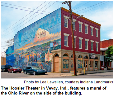 The Hoosier Theater in Vevay, Ind., features a mural of the Ohio River on the side of the building.  Photo by Lee Lewellen, courtesy Indiana Landmarks.