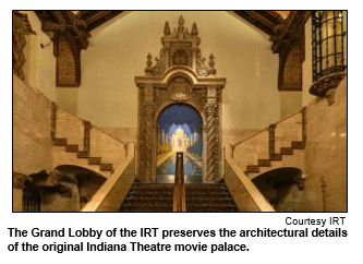 The Grand Lobby of the IRT preserves the architectural details of the original Indiana Theatre movie palace.  
