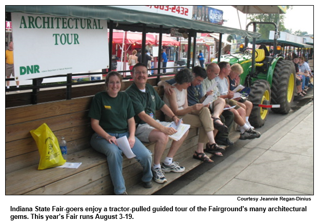 Indiana State Fair-goers enjoy a tractor-pulled guided tour of the Fairground’s many architectural gems. This year’s Fair runs August 3-19.
Courtesy Jeannie Regan-Dinius