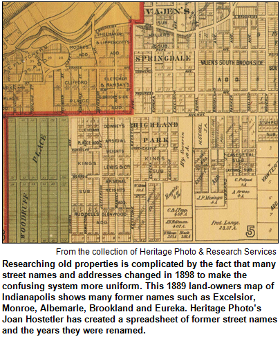 This 1889 land-owners map of Indianapolis shows many former names such as Excelsior, Monroe, Albemarle, Brookland and Eureka. Image from the collection of Heritage Photo & Research Services.