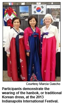 Participants demonstrate the wearing of the hanbok, or traditional Korean dress, at the 2013 Indianapolis International Festival.
Courtesy Marcia Gascho