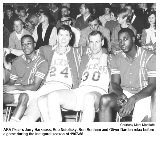 ABA Pacers Jerry Harkness, Bob Netolicky, Ron Bonham and Oliver Darden relax before a game during the inaugural season of 1967-68.
Courtesy Mark Montieth.