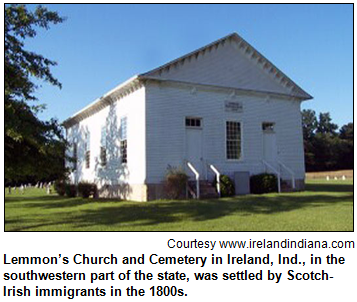 Lemmon’s Church and Cemetery in Ireland, Ind., in the southwestern part of the state, was settled by Scotch-Irish immigrants in the 1800s. Image courtesy www.irelandindiana.com.