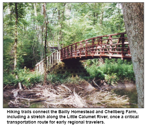Hiking trails connect the Bailly Homestead and Chellberg Farm, including a stretch along the Little Calumet River, once a critical transportation route for early regional travelers.