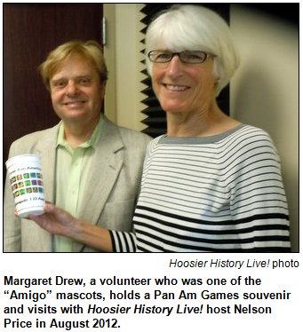 Margaret Drew, a 1987 Pan Am Games volunteer, poses with Nelson Price, host of Hoosier History Live, in the show's studios.