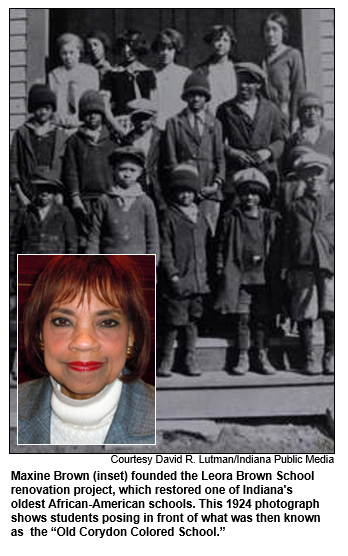 Maxine Brown (inset) founded the Leora Brown School renovation project, which restored one of Indiana's oldest African-American schools. This 1924 photograph shows students posing in front of what was then known as  the 'Old Corydon Colored School.'
Courtesy David R. Lutman/Indiana Public Media.