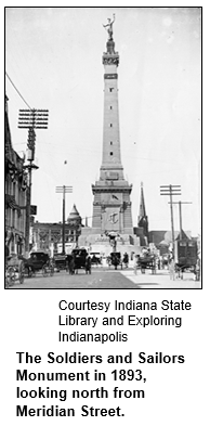 The Soldiers and Sailors Monument in 1893, looking north from Meridian Street. Courtesy Indiana State Library and Exploring Indianapolis

