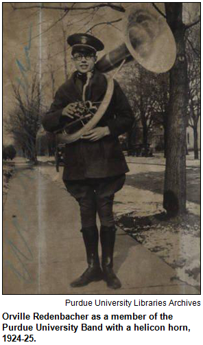 Orville Redenbacher as a member of the Purdue University Band with a helicon horn, 1924-25. Image courtesy Purdue University Libraries Archives.