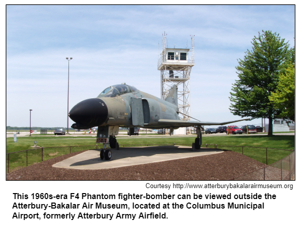 This 1960s-era F4 Phantom fighter-bomber can be viewed outside the Atterbury-Bakalar Air Museum, located at the Columbus Municipal Airport, formerly Atterbury Army Airfield.
Courtesy http://www.atterburybakalarairmuseum.org