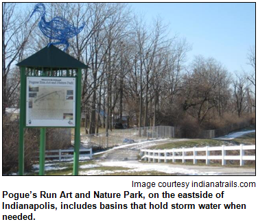 Pogue’s Run Art and Nature Park, on the eastside of Indianapolis, includes basins that hold storm water when needed. Image courtesy indianatrails.com.