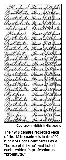 The 1910 census recorded each of the 13 households in the 500 block of East Court Street as a house of ill fame and listed each resident’s profession as prostitute.
Courtesy Invisible Indianapolis.